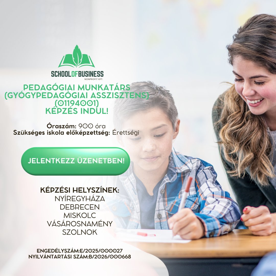Pedagógiai munkatárs (Gyógypedagógiai asszisztens) képzés (01194001)